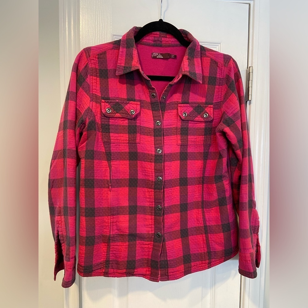 Prana Size S Pink Plaid Organic Cotton Waffle Knit Lined Quilted Snap Up Top